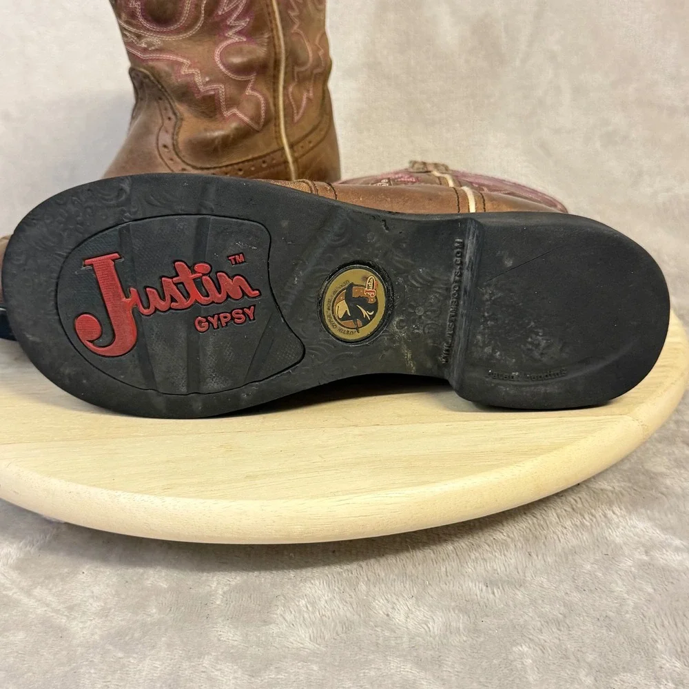 Justin Gypsy Womens Brown Leather Western Cowgirl Boots Pink Stitch L9903 Sz. 9B